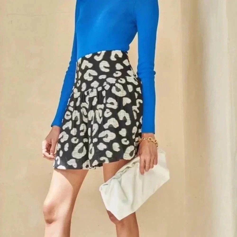 Hunter Bell Mini Skirt Black Flounce Flared Jacquard Mini Onyx Cheetah Size 12